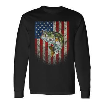 American Flag Bass Fishing Fishermen Usa Patriotic Long Sleeve T-Shirt - Monsterry