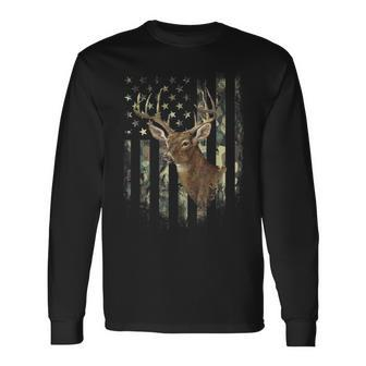 American Flag Camo Deer Hunting Antlers Long Sleeve T-Shirt - Monsterry CA