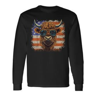 American Flag Highland Cow-Fourth Of July Cow Lover Cool Long Sleeve T-Shirt - Monsterry
