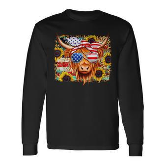 American Flag Highland Cow-Fourth Of July Cow Lover Cool Long Sleeve T-Shirt - Monsterry DE
