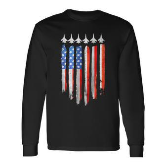 American Flag Usa Fighter Jet Patriot F16 Formation Long Sleeve T-Shirt - Monsterry