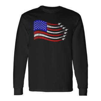 American Patriotic Fighter Jets Usa Flag Waving 4Th Of July Long Sleeve T-Shirt | Mazezy DE