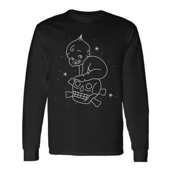 American Traditional Kewpie Doll And Skull Outline Tattoo Long Sleeve T-Shirt - Monsterry