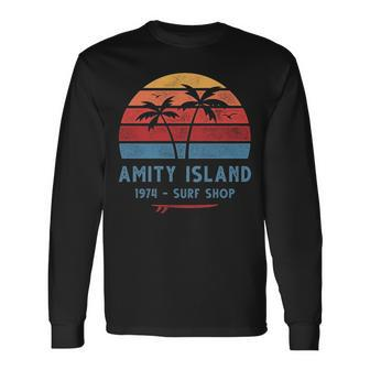 Amity Island Surf 1974 Surf Shop Sunset Surfing Vintage Long Sleeve T-Shirt | Mazezy