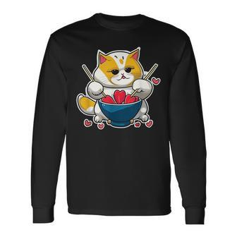 Anime Cat Eating Ramen Noodles With Hearts Valentines Day Long Sleeve T-Shirt | Seseable CA