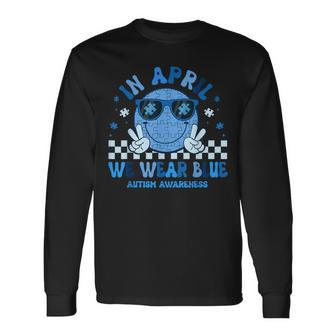 In April We Wear Blue Autism Awareness Hippie Face Long Sleeve T-Shirt | Mazezy