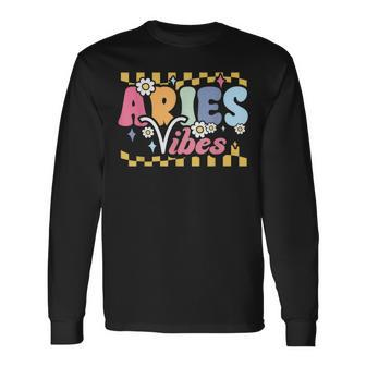Aries Vibes Zodiac March April Birthday Astrology Groovy Long Sleeve T-Shirt | Mazezy
