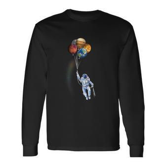 Astronaut Space Spaceman Holding Planet Balloon Long Sleeve T-Shirt - Monsterry