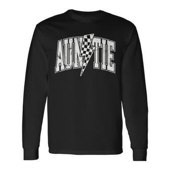 Auntie Hosting Race Car Pit Crew Checkered Birthday Party Long Sleeve T-Shirt - Seseable