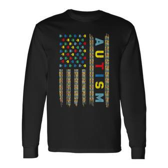 Autism Awareness Flag American Flag Autism Dad Mom Long Sleeve T-Shirt - Seseable