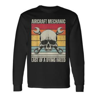 Aviation Mechanic Vintage Skull Vintage Aircraft Mechanic Long Sleeve T-Shirt - Monsterry