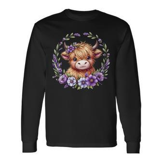 Baby Highland Cow With Purple Flowers Scottish Farm Long Sleeve T-Shirt - Monsterry AU