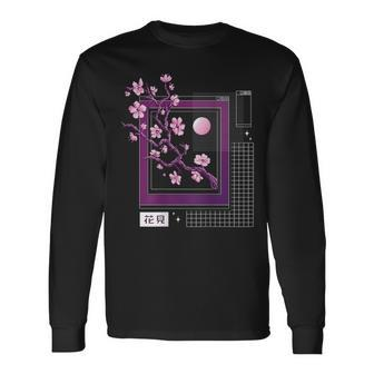 Back Print Techno Vaporwave Japanese Sakura Cherry Blossom Long Sleeve T-Shirt - Seseable