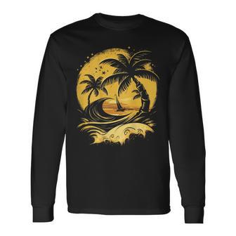 On Back Tropical Palm Trees Sailboat Beach Island Sunset Long Sleeve T-Shirt - Monsterry CA