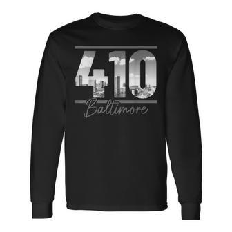 Baltimore 410 Area Code Skyline Maryland Vintage Long Sleeve T-Shirt - Seseable