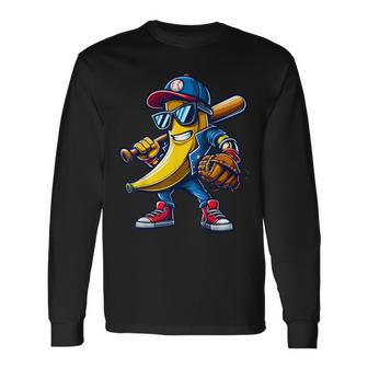 Banana Playing Baseball Fruit Lover Baseball Player Long Sleeve T-Shirt - Seseable