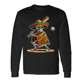 Baseball Skeleton Mexican Sombrero Cinco De Mayo Long Sleeve T-Shirt - Seseable