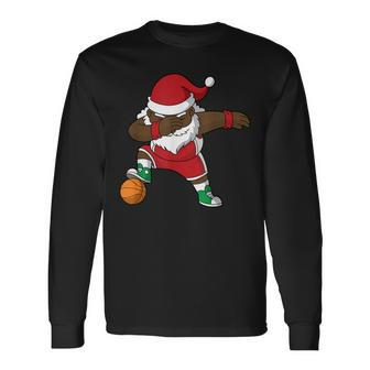 Basketball Dabbing Black African American Santa Claus Long Sleeve T-Shirt - Monsterry UK