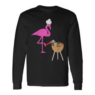 Bbq Flamingos Pink Birds Grilling Grillmasters Cooking Long Sleeve T-Shirt - Monsterry DE