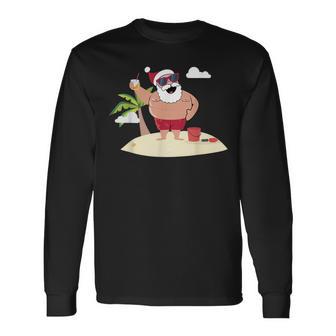 Beach Santa Tropical Christmas Palm Trees & Drinks Long Sleeve T-Shirt - Monsterry