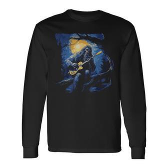 Bigfoot Playing A Guitar Starry Night Sasquatch Rocker Long Sleeve T-Shirt - Monsterry CA