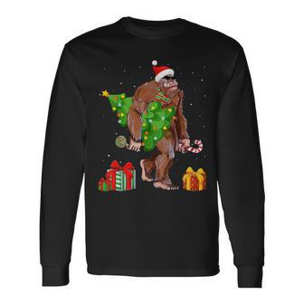Bigfoot Santa Christmas Tree Lights Xmas Sasquatch Long Sleeve T-Shirt - Monsterry