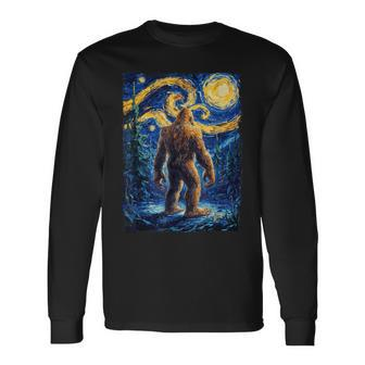 Bigfoot Starry Night Sasquatch Van Gogh Painting Long Sleeve T-Shirt - Thegiftio UK