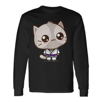 Bjj Brazilian Jiu Jitsu Purple Belt Kawaii Cat Long Sleeve T-Shirt - Monsterry