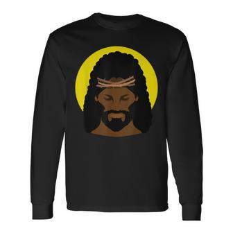 Black Jesus With Afro African American Religious Portrait Long Sleeve T-Shirt - Seseable