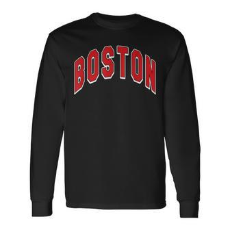 Boston Varsity Style Red Text With White Outline Long Sleeve T-Shirt - Monsterry DE