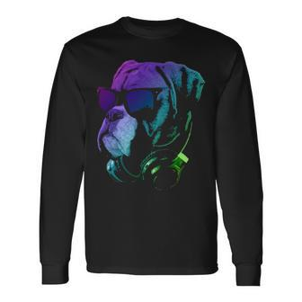 Boxer Dog With Sunglasses And Headphones Long Sleeve T-Shirt | Mazezy