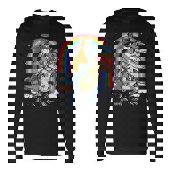 Boxer Riding Dinosaur T Rex Dog Lover Boys Kids Rainbow Long Sleeve T-Shirt | Mazezy