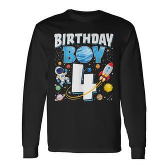 Boys 4Th Birthday Astronaut Space Planets Four Years Old Long Sleeve T-Shirt | Mazezy