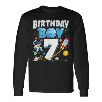 Boys 7Th Birthday Astronaut Space Planets Seven Years Old Long Sleeve T-Shirt - Seseable