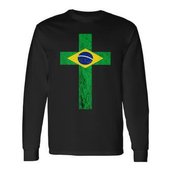 Brazil Jesus Cross Brazilian Faith Brasileiro Christian Long Sleeve T-Shirt - Monsterry UK