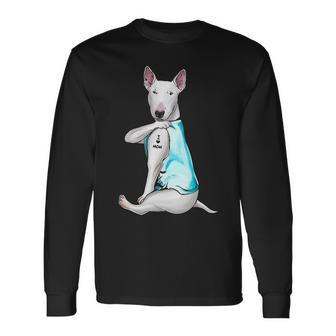 Bull Terrier Tattoos I Love Mom Sitting Mother's Day Long Sleeve T-Shirt | Mazezy