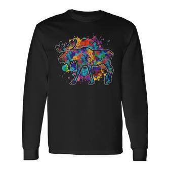 Canadian Moose Lover Forest Wildlife Animal Colorful Moose Long Sleeve T-Shirt - Monsterry DE