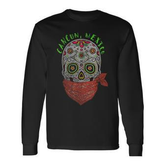Cancun Mexico Souvenir Sugar Skull Bandanna Long Sleeve T-Shirt - Monsterry UK