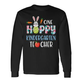 Carrot Bunny Happy Easter Day One Hoppy Kindergarten Teacher Long Sleeve T-Shirt - Monsterry