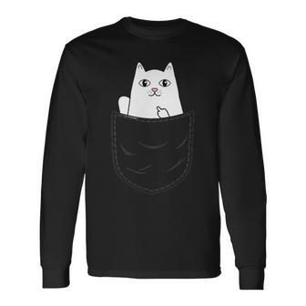 Cat Middle Finger Pocket Cat Gray Langarmshirts - Seseable