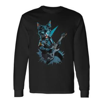 Cat Playing Electric Guitar Heavy Metal Rock Cat Lover Long Sleeve T-Shirt - Thegiftio UK