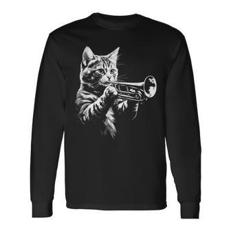 Cat Playing Trumpet Vintage Jazz Musician Trumpeter Long Sleeve T-Shirt - Monsterry UK