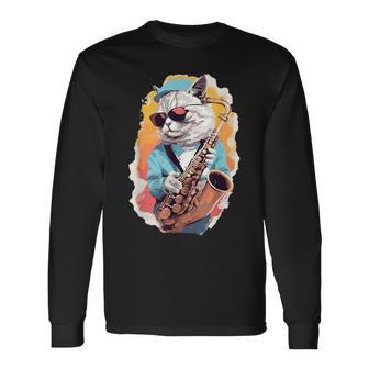 Cat With Saxophone Cat Playing Saxophone Long Sleeve T-Shirt | Mazezy