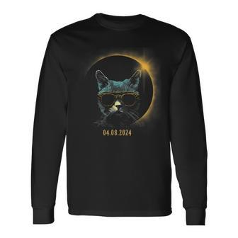 Cat In Shades Graphic For Total Solar Eclipse 2024 Long Sleeve T-Shirt - Monsterry DE