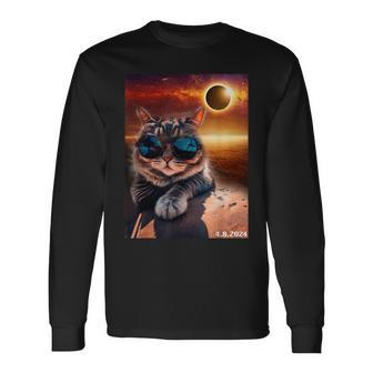 Cat Taking A Selfie With Solar Eclipse 2024 Wearing Glasses Long Sleeve T-Shirt - Monsterry