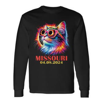 Cat Total Solar Eclipse 2024 Missouri With Eclipse Glasses Long Sleeve T-Shirt - Monsterry UK