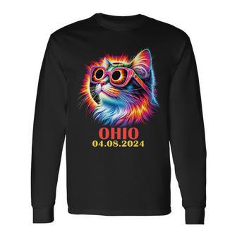 Cat Total Solar Eclipse 2024 Ohio With Solar Eclipse Glasses Long Sleeve T-Shirt - Monsterry AU