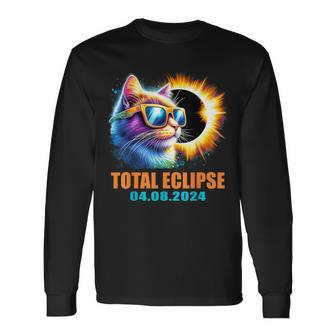 Cat Total Solar Eclipse 2024 Totality Solar Eclipse Glasses Long Sleeve T-Shirt - Monsterry