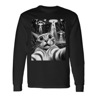 Cat Ufo Invasion Cat Meme Retro Alien Cat Ufo Selfie Long Sleeve T-Shirt - Seseable