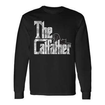 The Catfather Black Cat Father Mafia Whiskers Male Daddy Long Sleeve T-Shirt - Monsterry UK